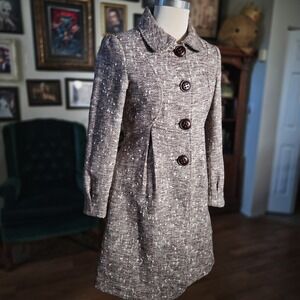 Vintage Y2K SHARINIO Brown Tweed Button Front Overcoat Velvet Back 165/84A